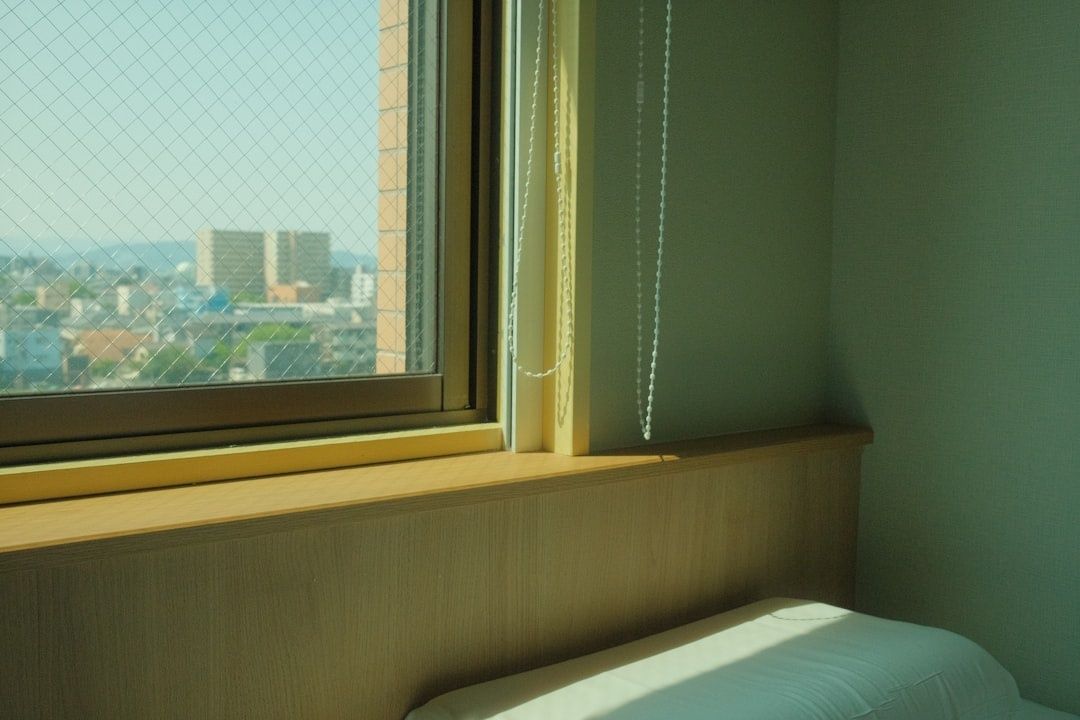 Sovrumsfönster med ventilationsspalt, persiennsnören och utsikt över staden